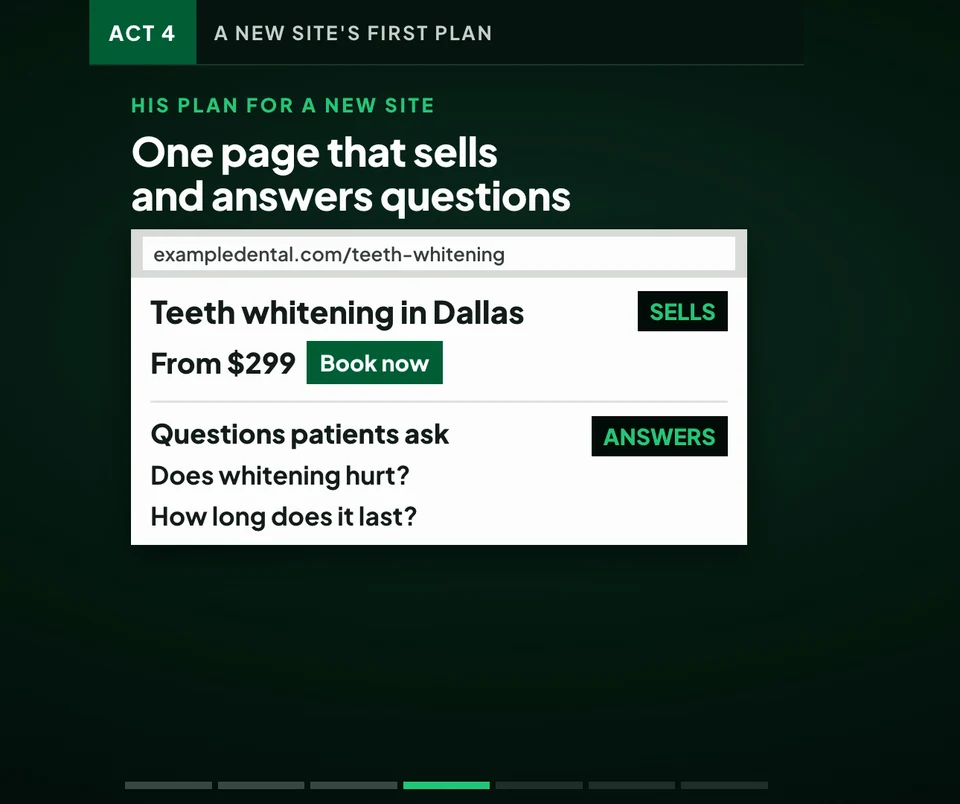 Example dental service page with one block that sells and one block that answers patient questions