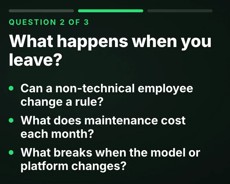 Question 2 of 3 before hiring an AI builder: what happens when you leave, who changes a rule, what maintenance costs, what breaks.